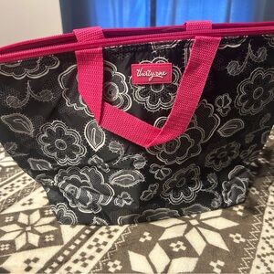 Thirty-One Black Tote with Pink Floral Accents